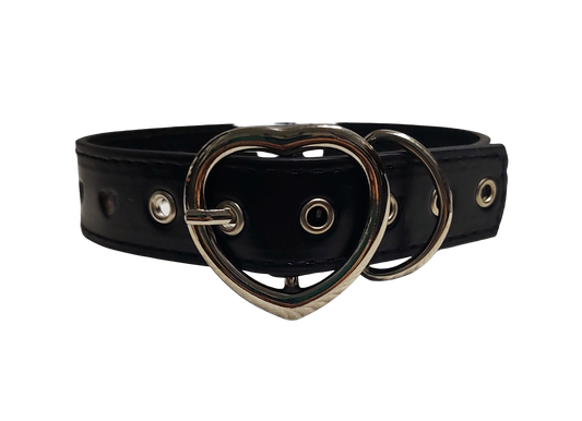 Black faux leather heart cut out collar with heart shaped buckle back view