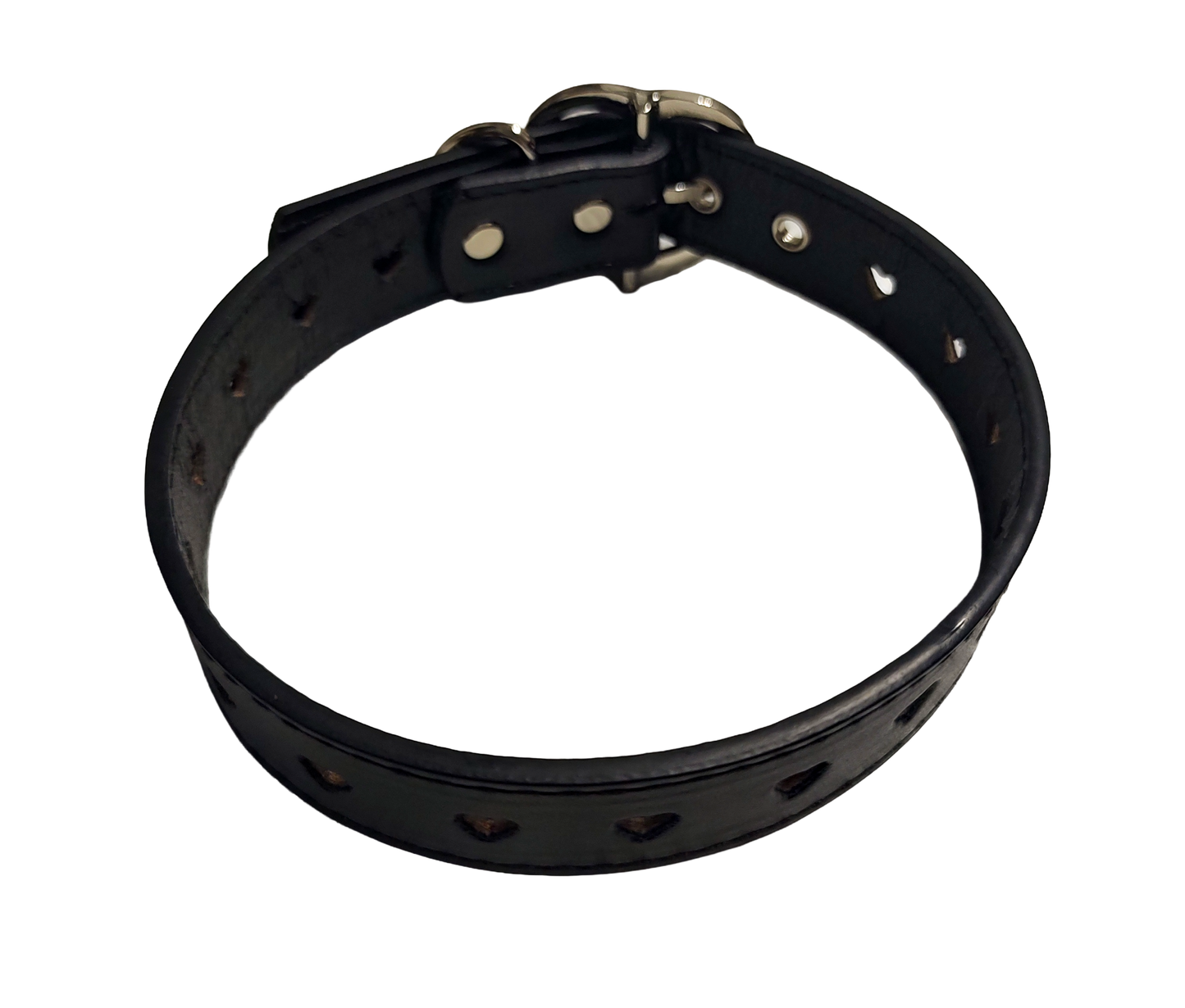 Black faux leather heart cut out collar with heart shaped buckle top view