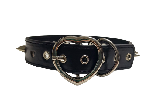 Black faux leather collar with heart cutouts and spikes back view