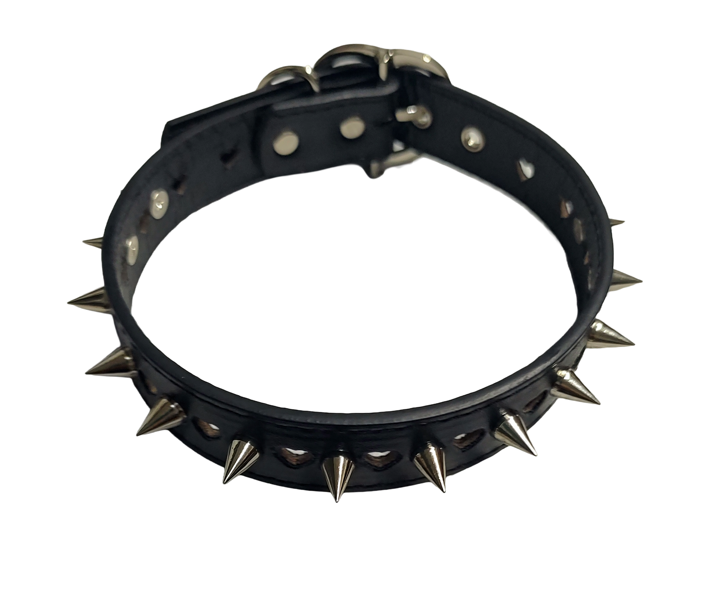 Black faux leather collar with heart cutouts and spikes top view