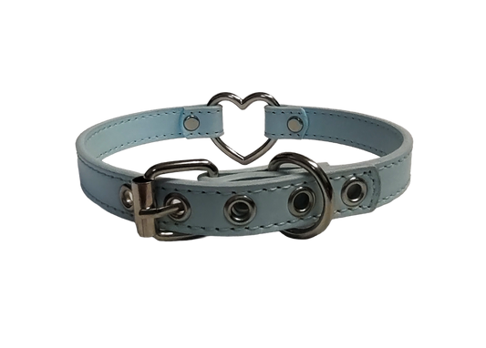 Ice blue faux leather heart ring collar back view