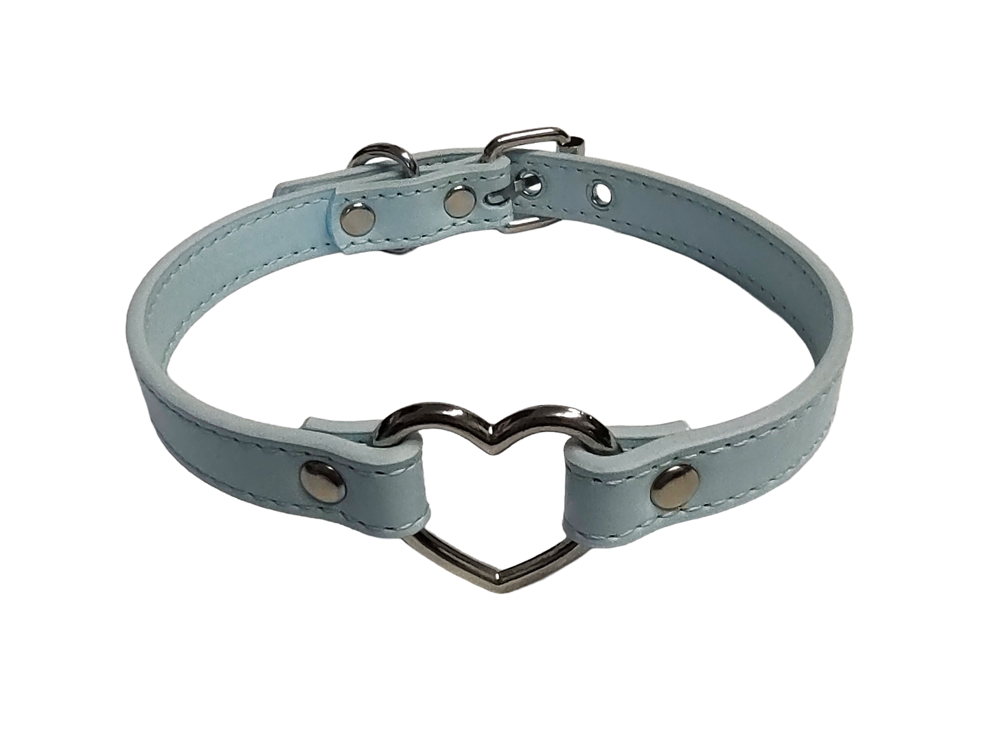 Ice blue faux leather heart ring collar top view