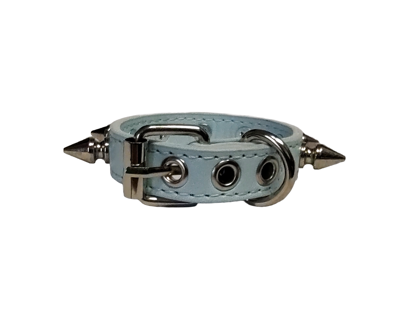 Ice blue faux leather spiked cuff bracelet back view