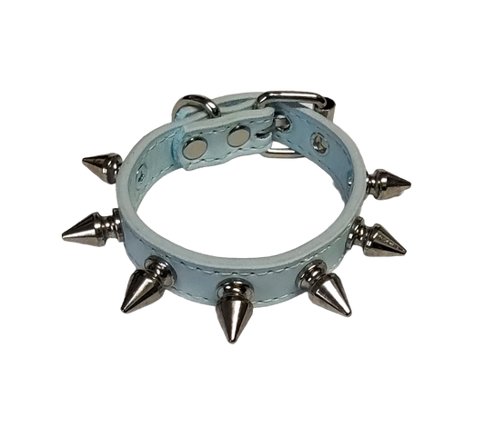 Ice blue faux leather spiked cuff bracelet top view