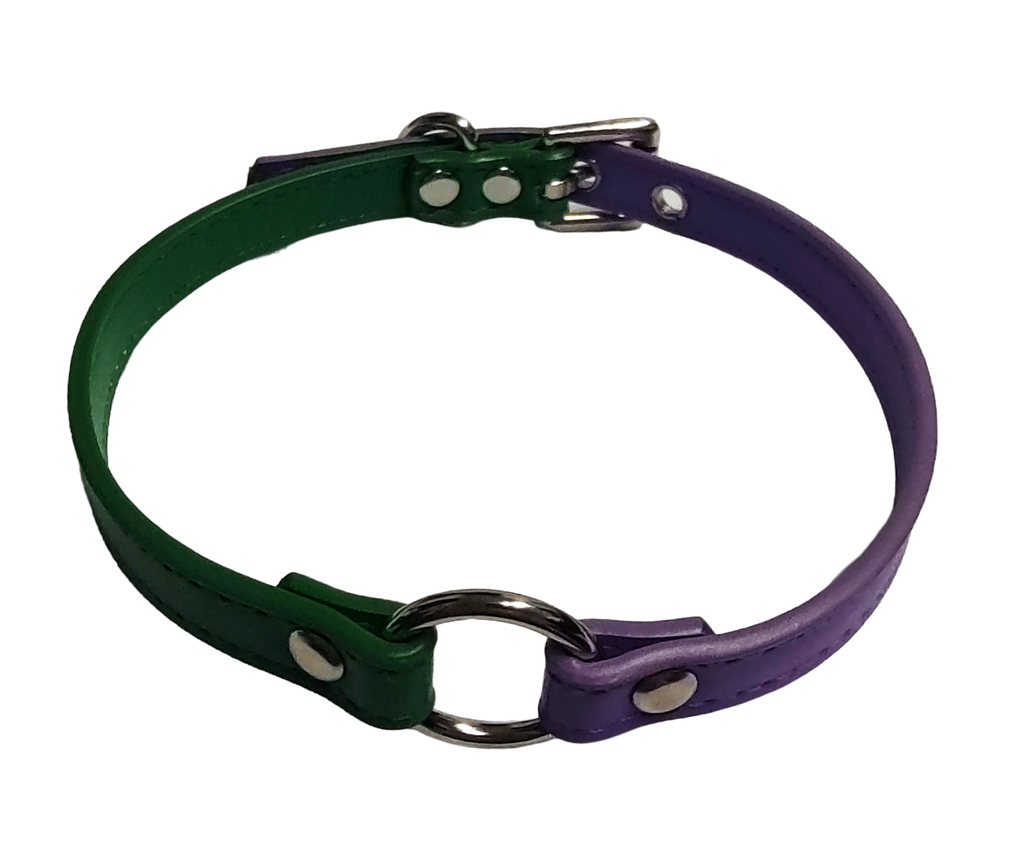 Faux leather ring choker with half green and half purple strapping top view