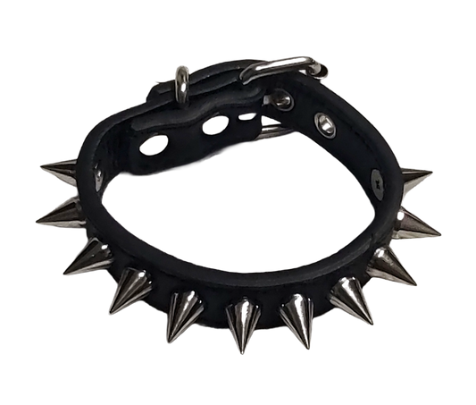 Black faux leather cuff bracelet with single row of cone spikes top view