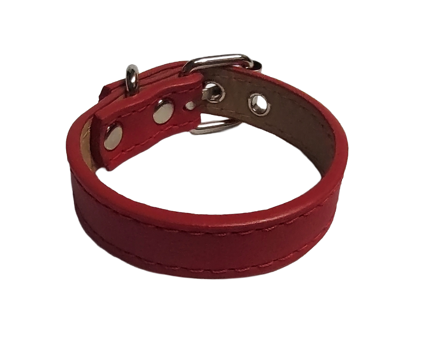 Red faux leather cuff bracelet with buckle and eyelets top view