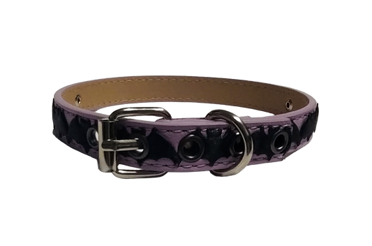 Light purple faux leather choker collar with center bat ribbon back view
