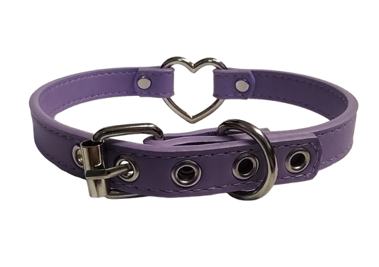 Pastel purple faux leather heart ring collar back view
