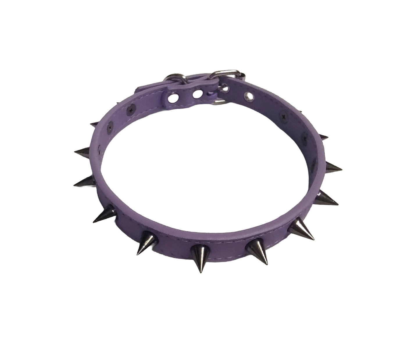 Pastel purple faux leather spiked collar with gunmetal spikes top view