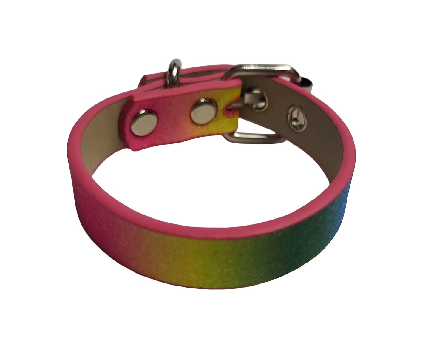 Glittery pastel rainbow faux leather cuff bracelet with buckle and eyelets top view