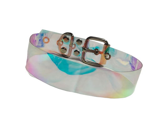 Clear plastic iridescent holographic choker collar front view