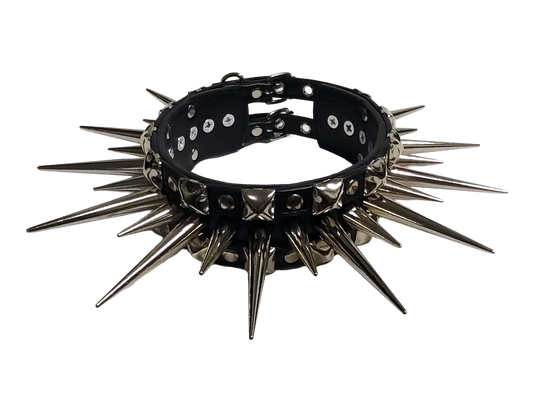 Wide faux leather long spiked and studded collar top front view
