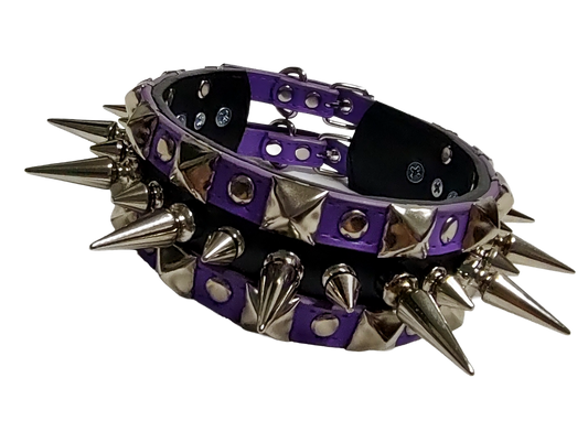 Purple and black faux leather wide alternating spike and pyramid studded collar Front view