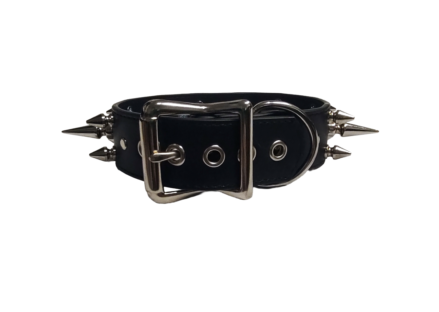 Black faux leather 3 row spiked collar with halter ring and coachman loops back view