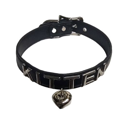 Black faux leather collar with KITTEN letter studs and hanging bell top view