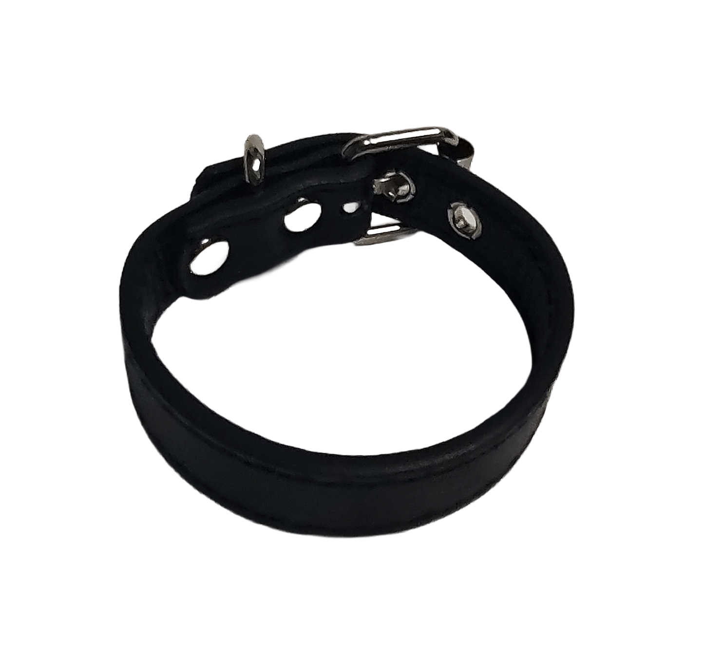 Black faux leather cuff bracelet with buckle and eyelets top view
