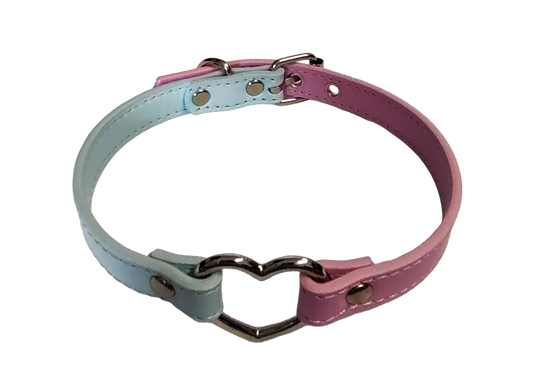Pink and blue faux leather heart ring collar top view