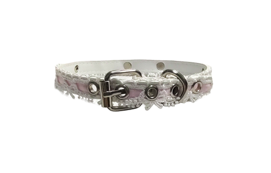 White faux leather collar with white lace pink ribbon and coachman loop back view