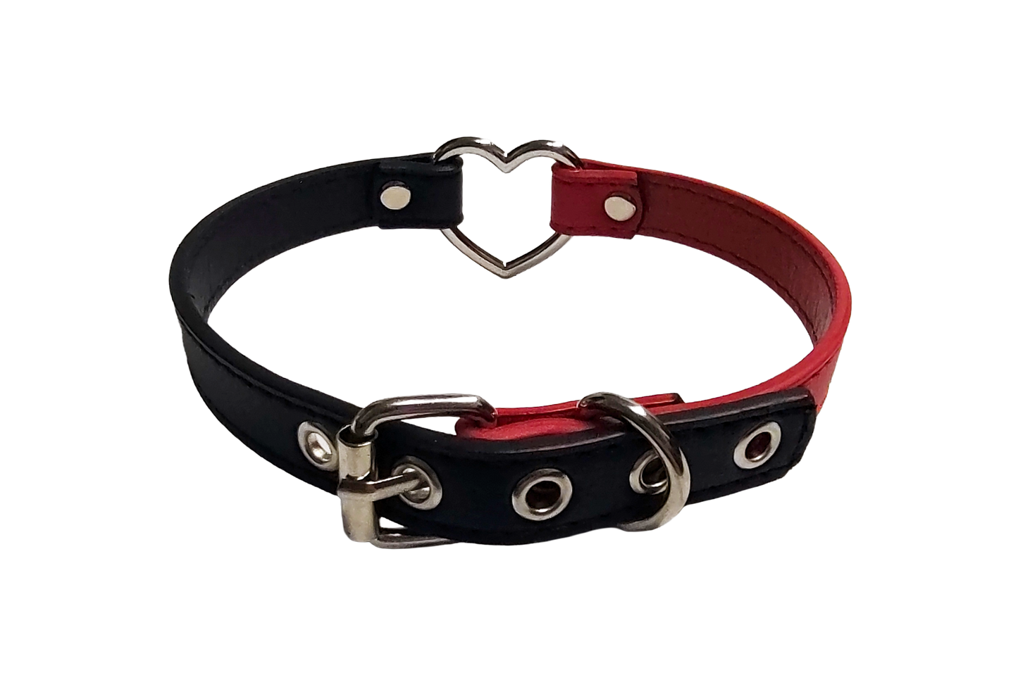 Black and red faux leather heart ring choker collar top back view