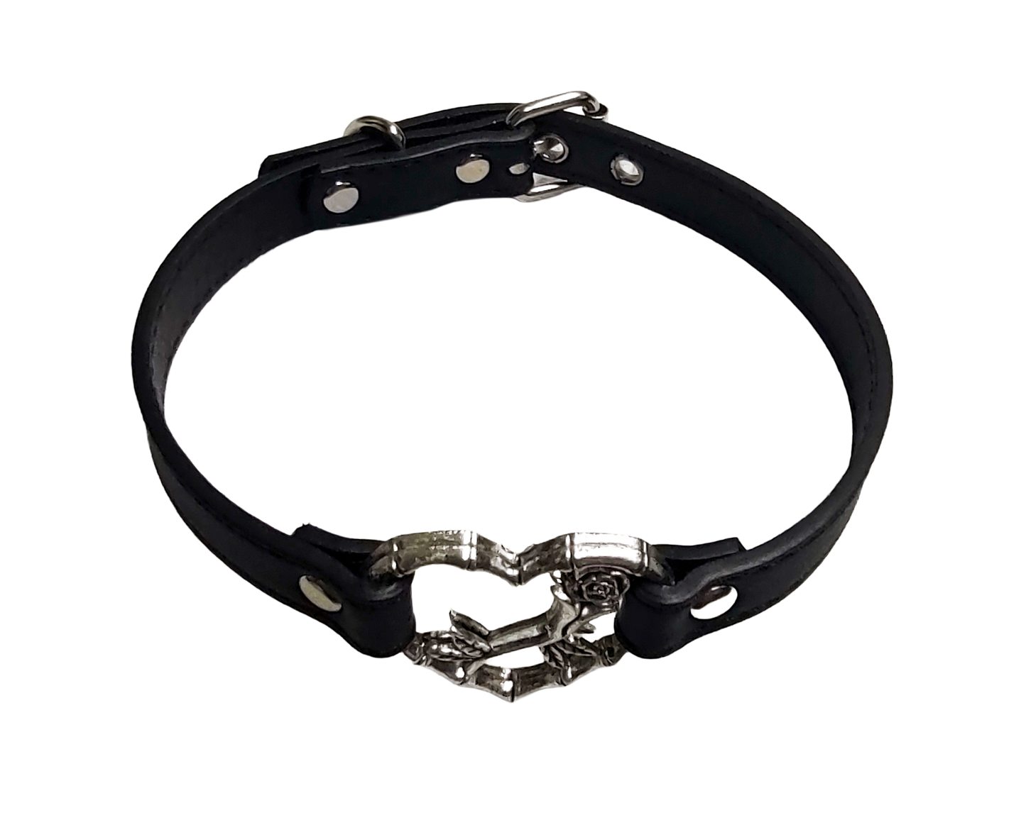 Black faux leather heart ring with rose detail collar top view