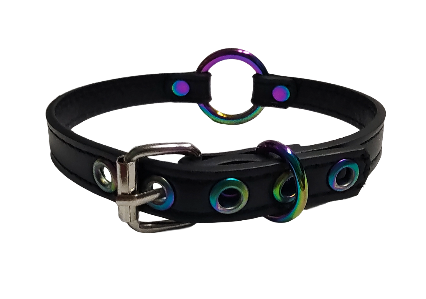 Black faux leather collar with iridescent rainbow O-ring back view