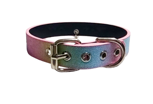 Glittery pastel trans rainbow faux leather collar with kitten bell back view