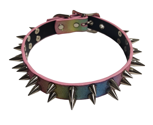 SkyStripe Uprising Double Spiked Pride Collar - Faux Leather Pastel Rainbow Glittery Trans Spike Pride Choker Collar