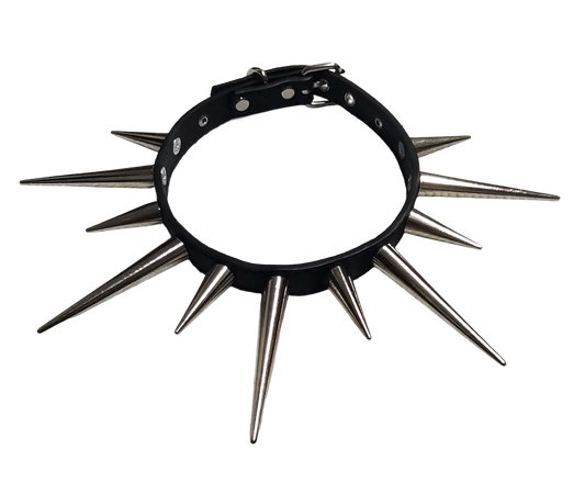Black faux leather collar with alternating long cone spikes top view