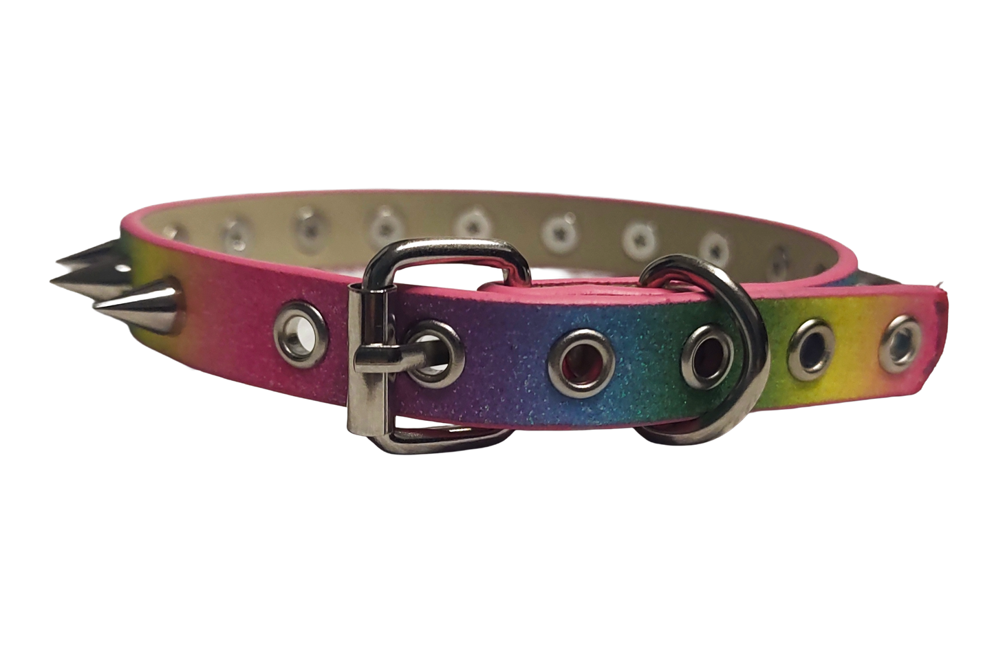 Rainbow single row spiked choker collar back view