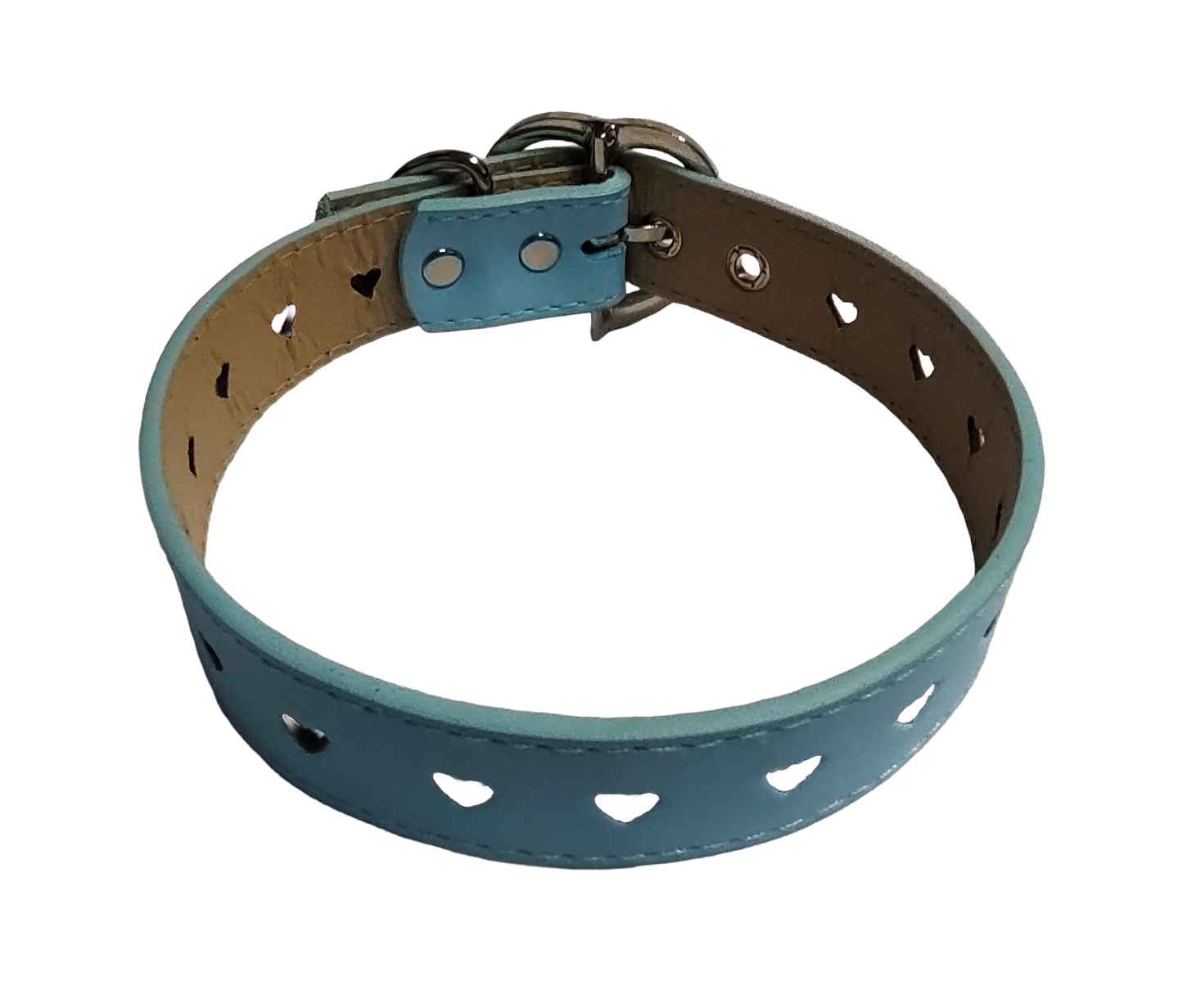 Light blue faux leather heart cut out collar with heart buckle top view