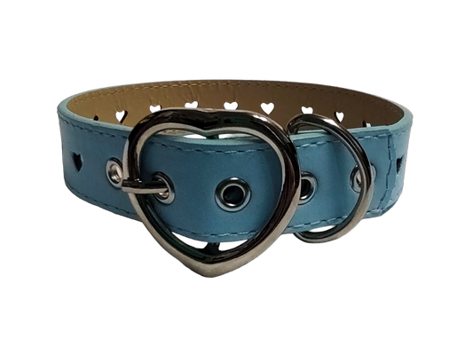 Light blue faux leather heart cut out collar with heart buckle back view