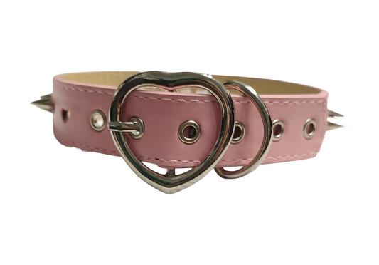 Pastel pink faux leather heart cut out collar with cone spikes and heart buckle back view