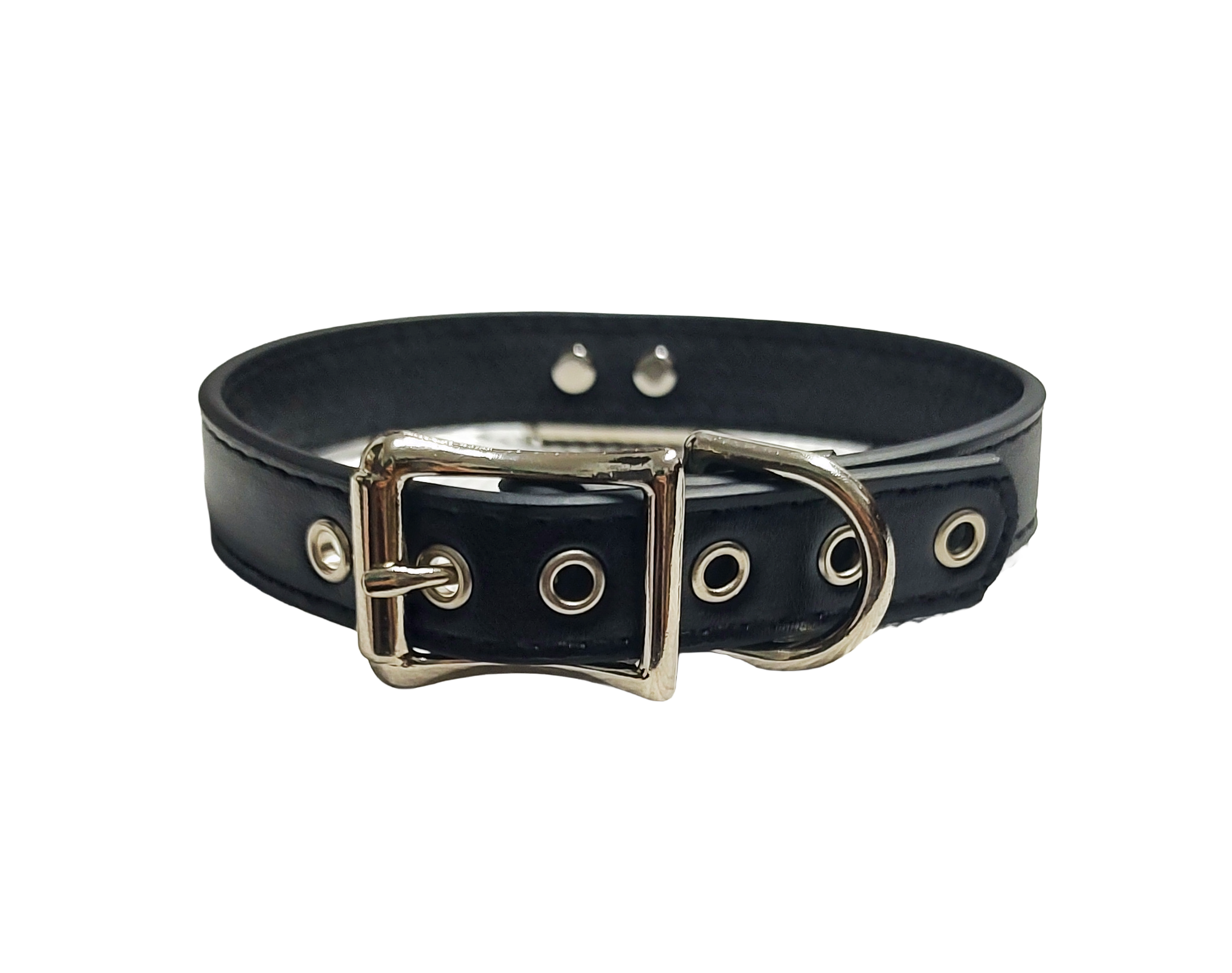 Black faux leather collar with plate d ring back view