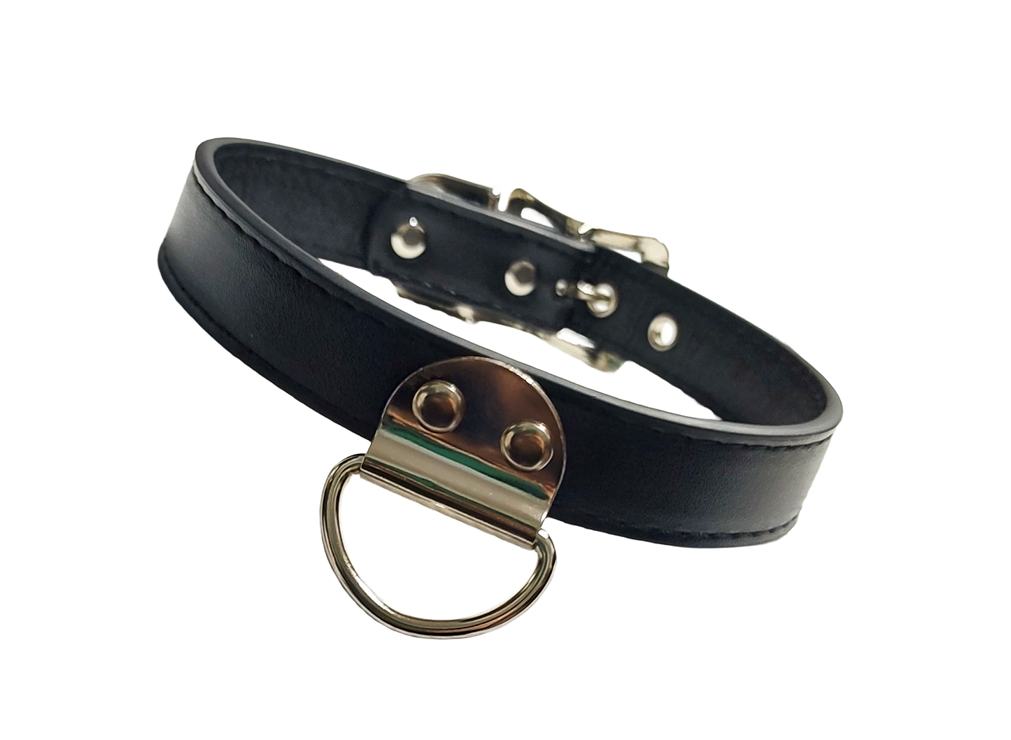 Black faux leather collar with plate d ring front view