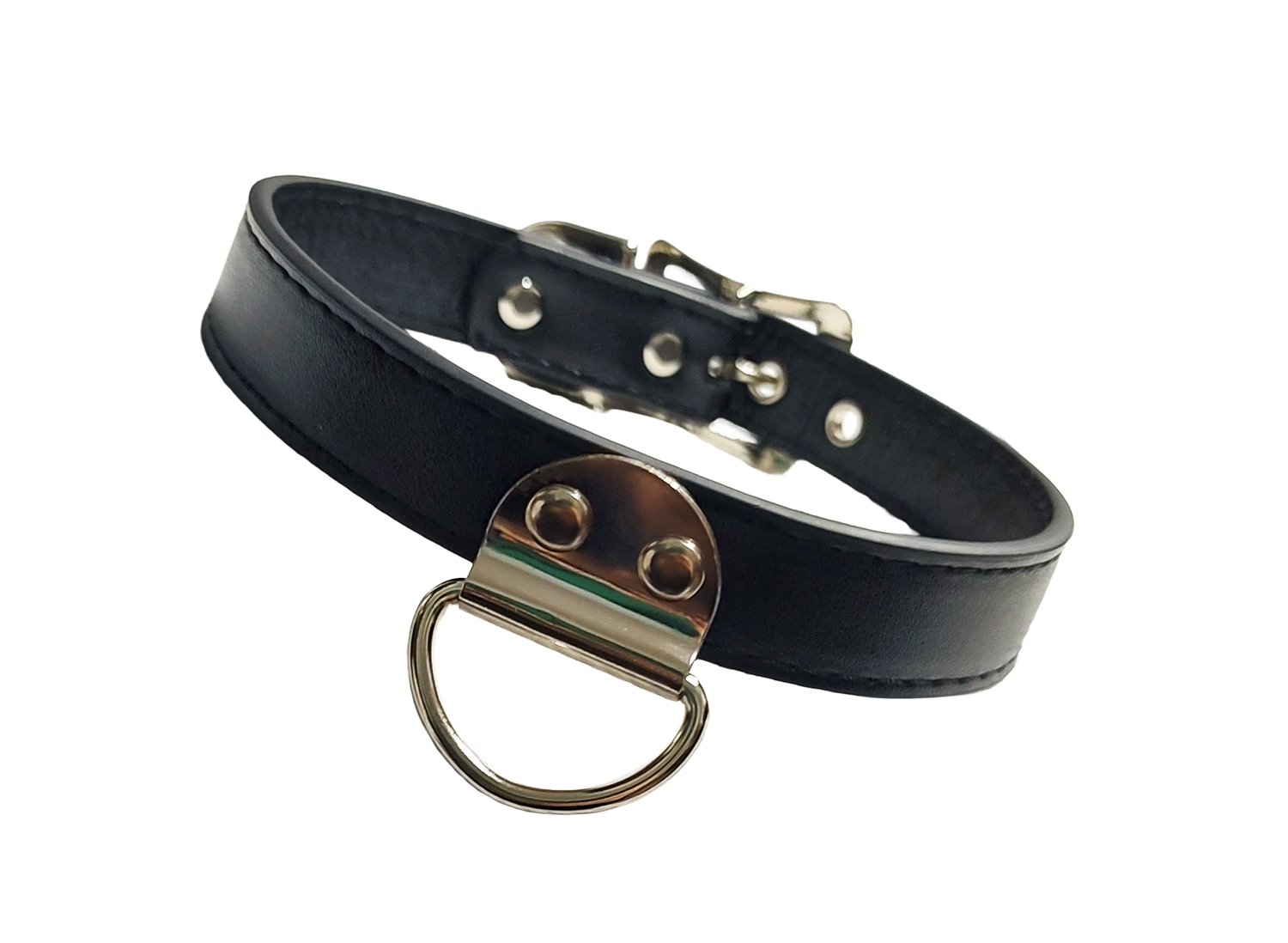 Black faux leather collar with plate d ring front view