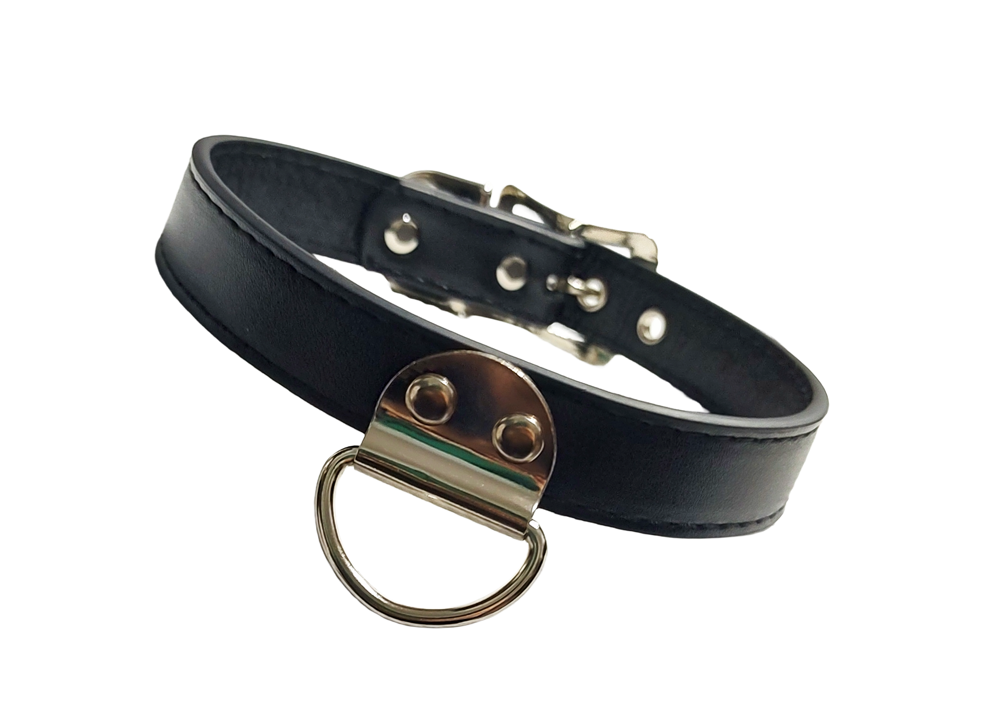 Black faux leather collar with plate d ring front view