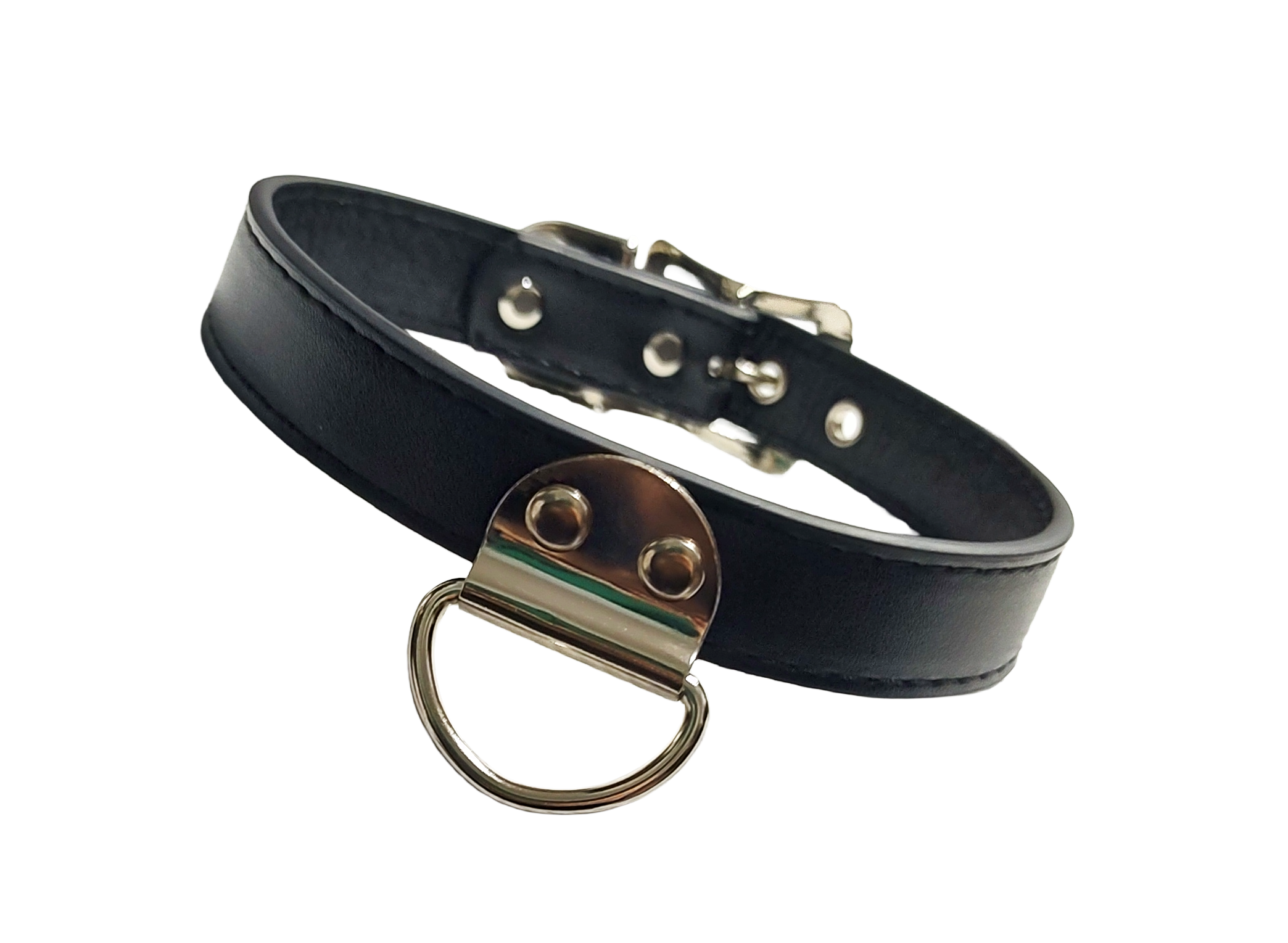 Black faux leather collar with plate d ring front view