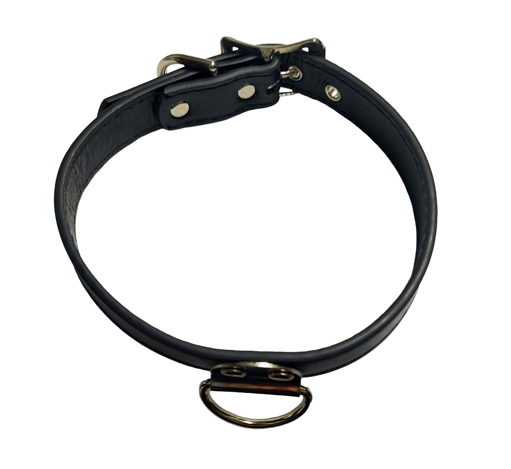 Black faux leather collar with plate d ring top view