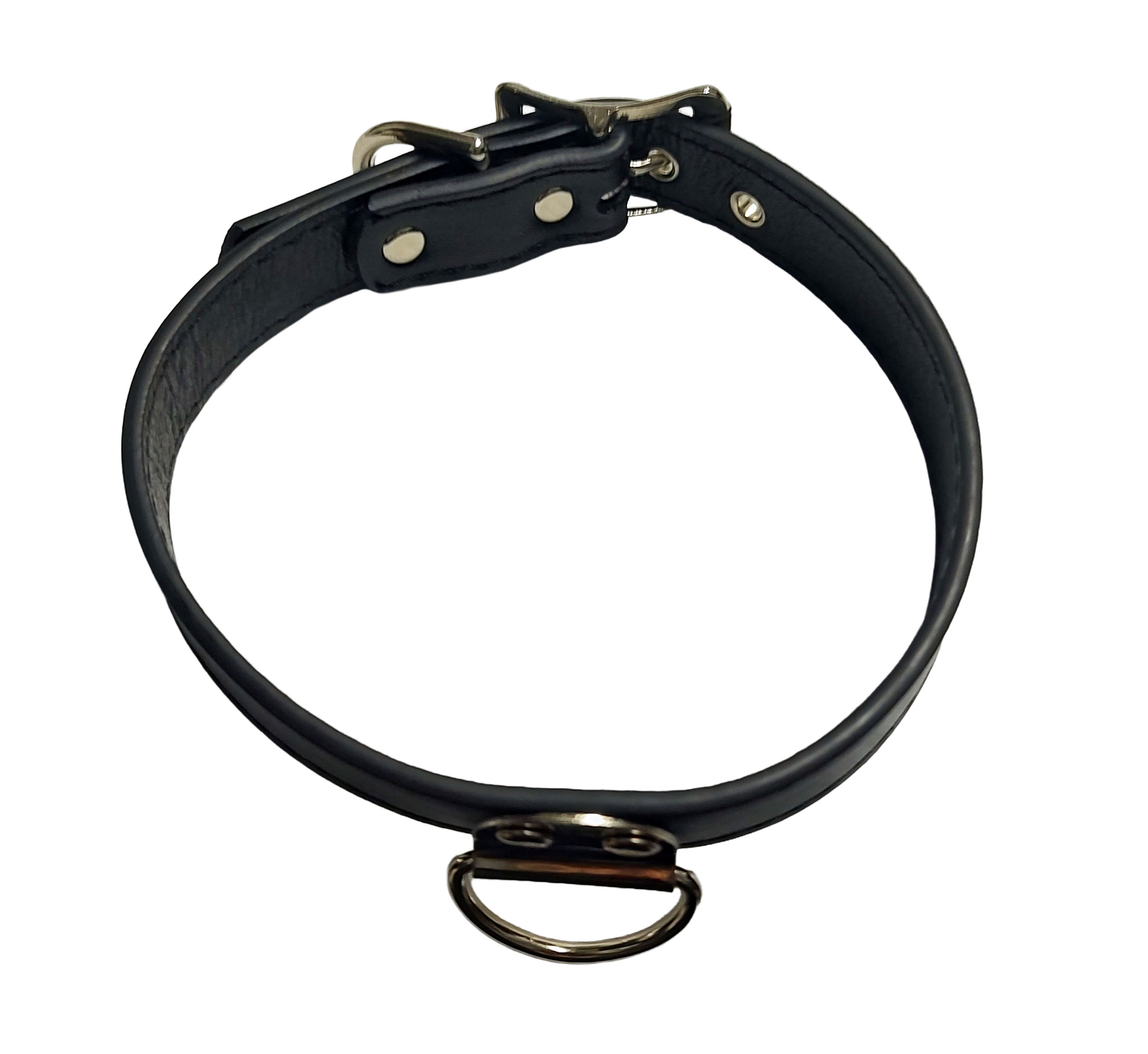 Black faux leather collar with plate d ring top view
