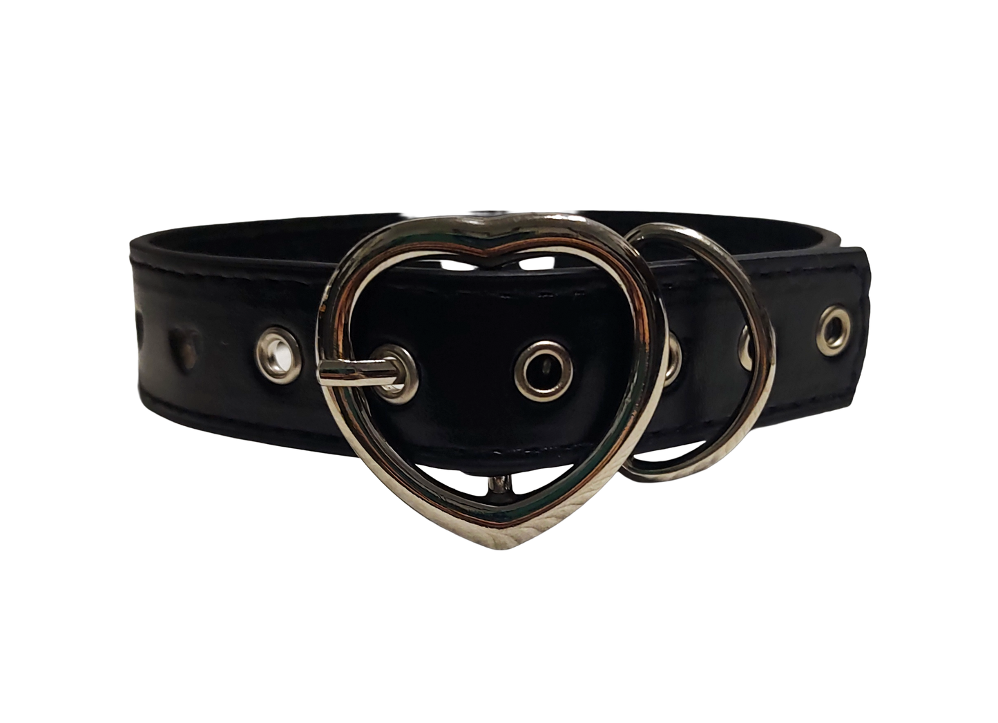 Black faux leather heart cut out collar with heart shaped buckle back view