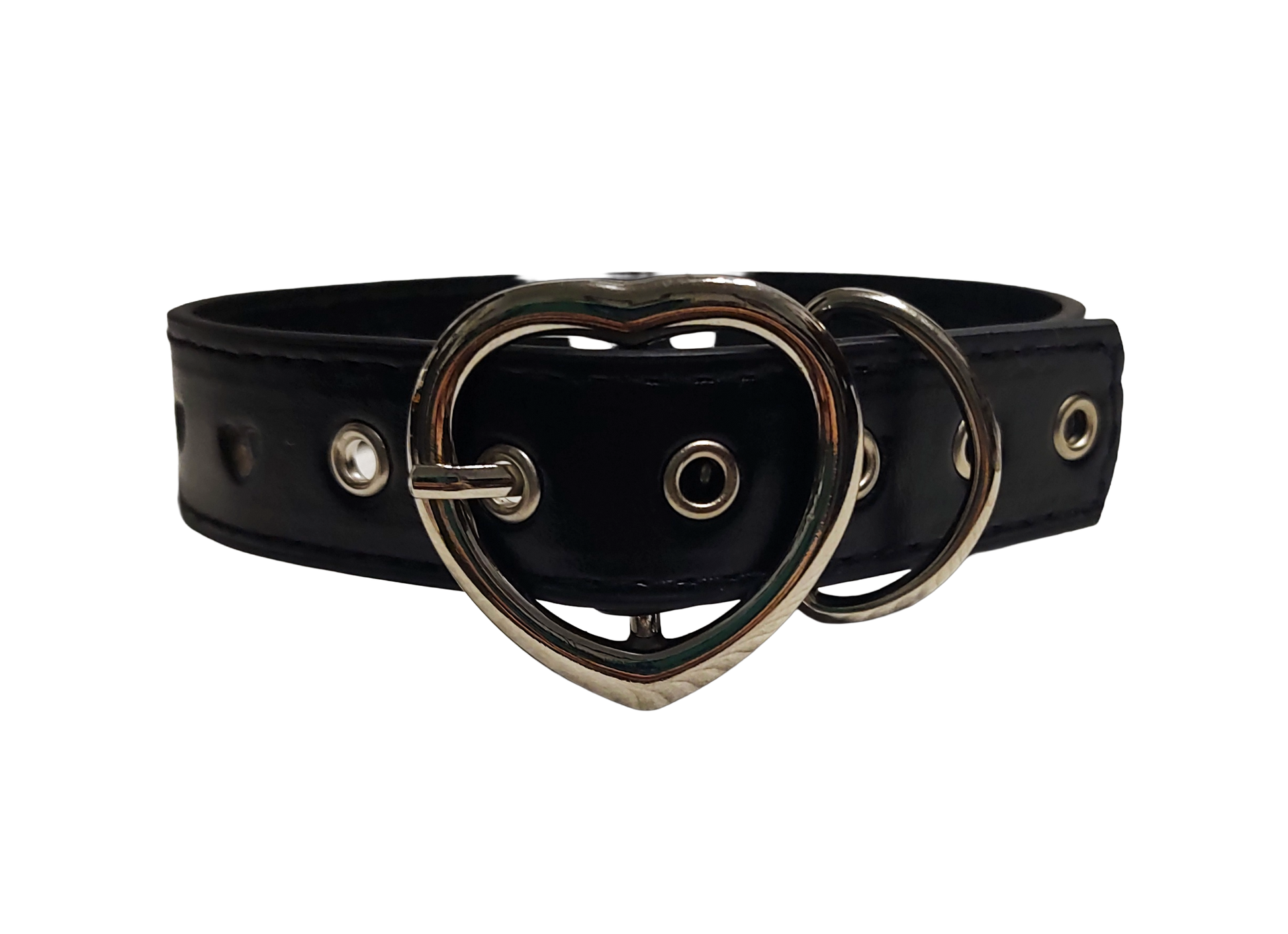 Black faux leather heart cut out collar with heart shaped buckle back view