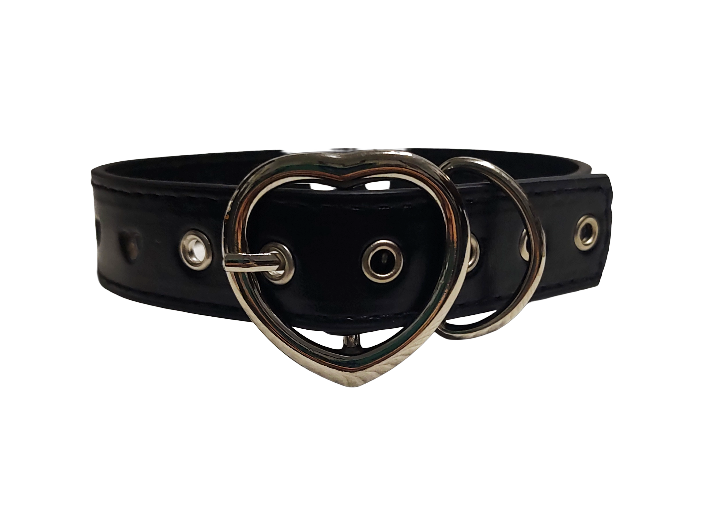 Black faux leather heart cut out collar with heart shaped buckle back view
