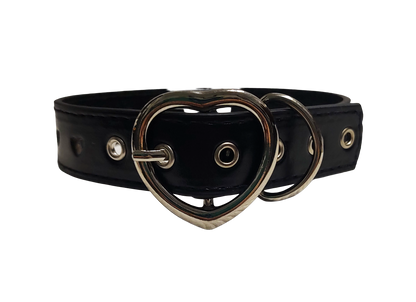 Black faux leather heart cut out collar with heart shaped buckle back view
