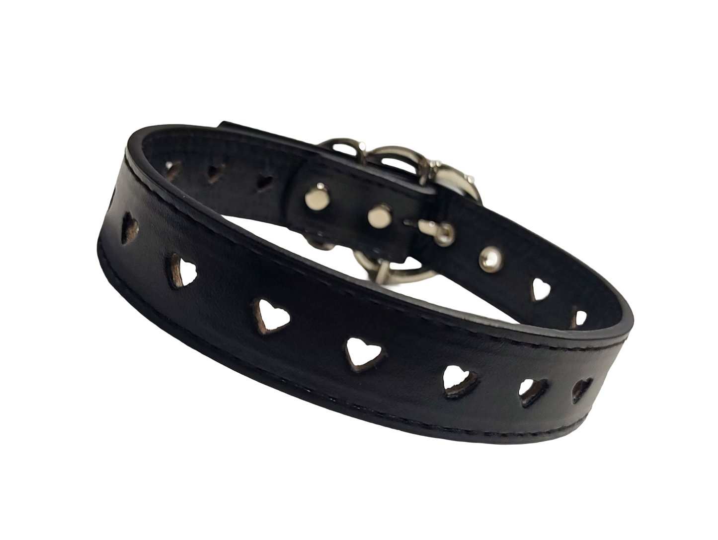 Black faux leather heart cut out collar with heart shaped buckle front view