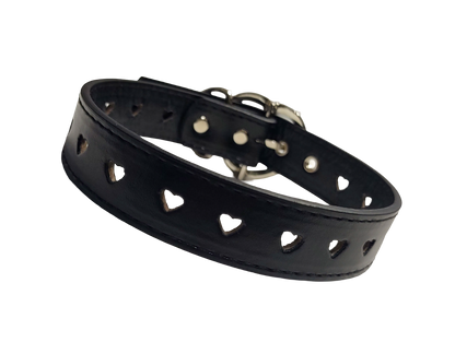 Black faux leather heart cut out collar with heart shaped buckle front view