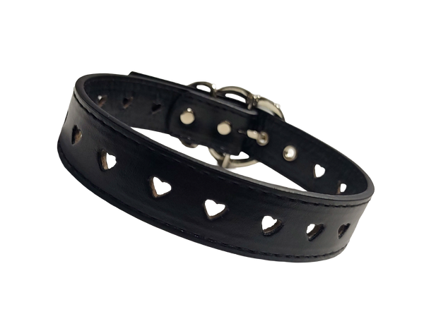 Black faux leather heart cut out collar with heart shaped buckle front view