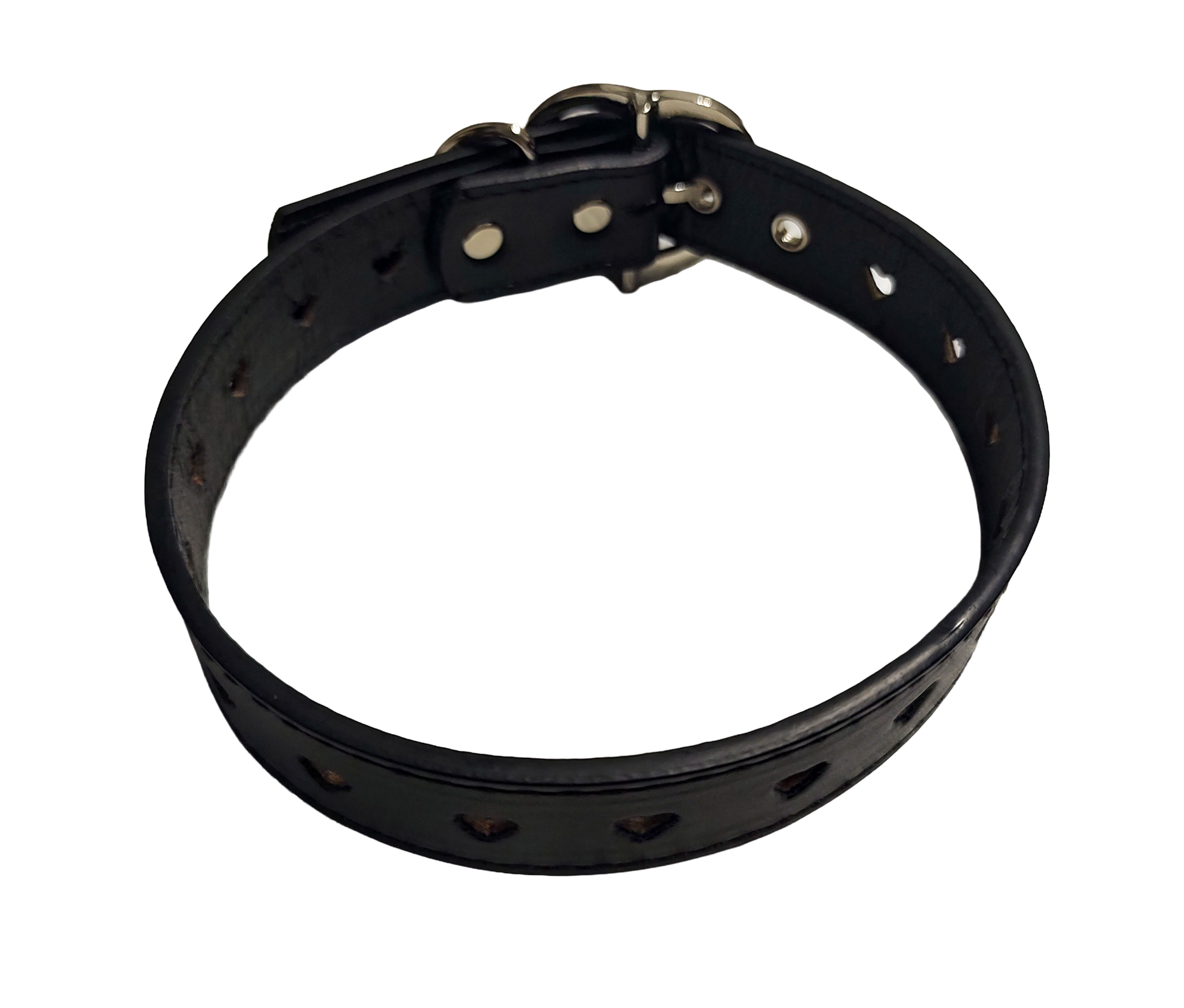 Black faux leather heart cut out collar with heart shaped buckle top view