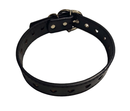 Black faux leather heart cut out collar with heart shaped buckle top view