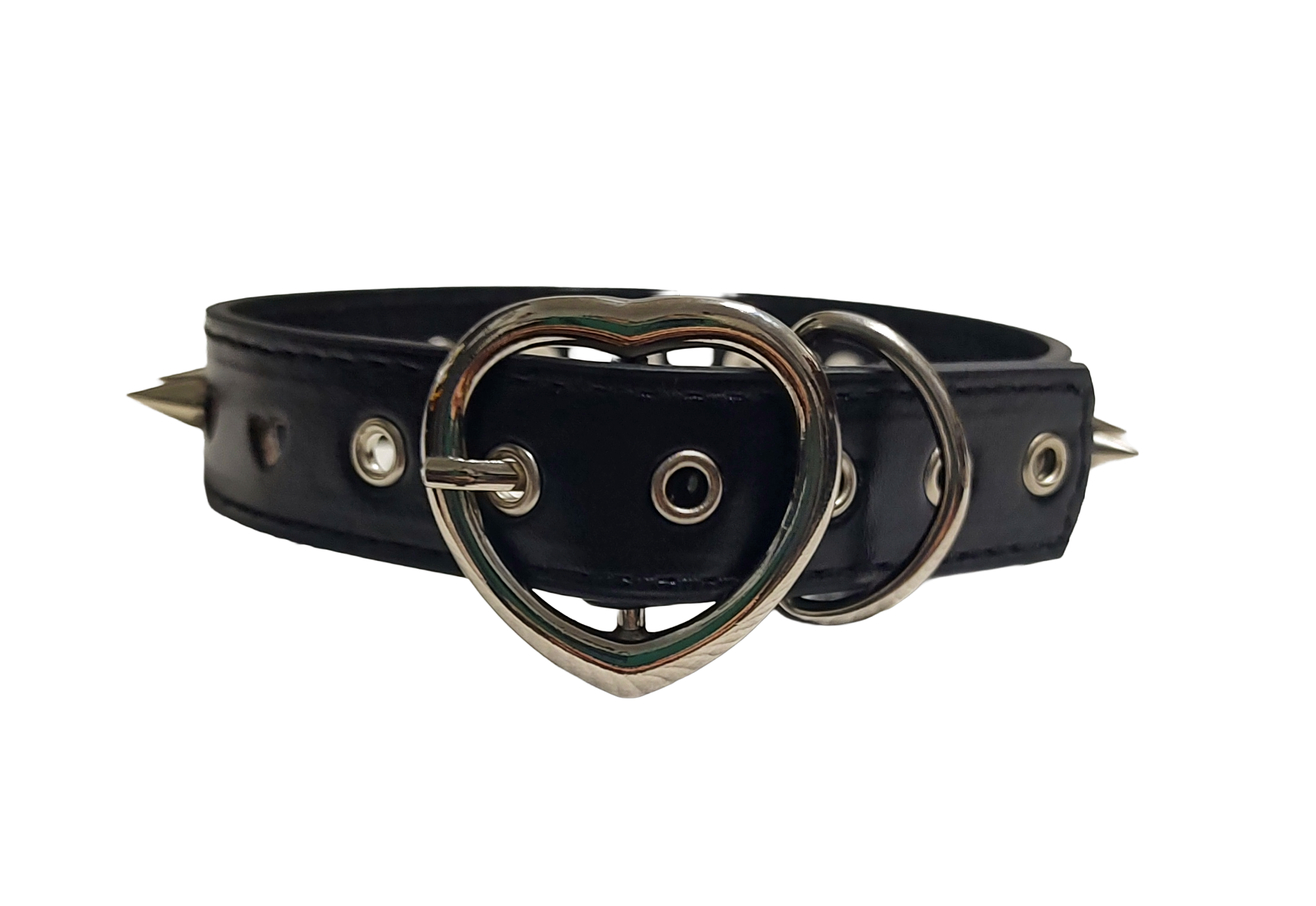 Black faux leather collar with heart cutouts and spikes back view
